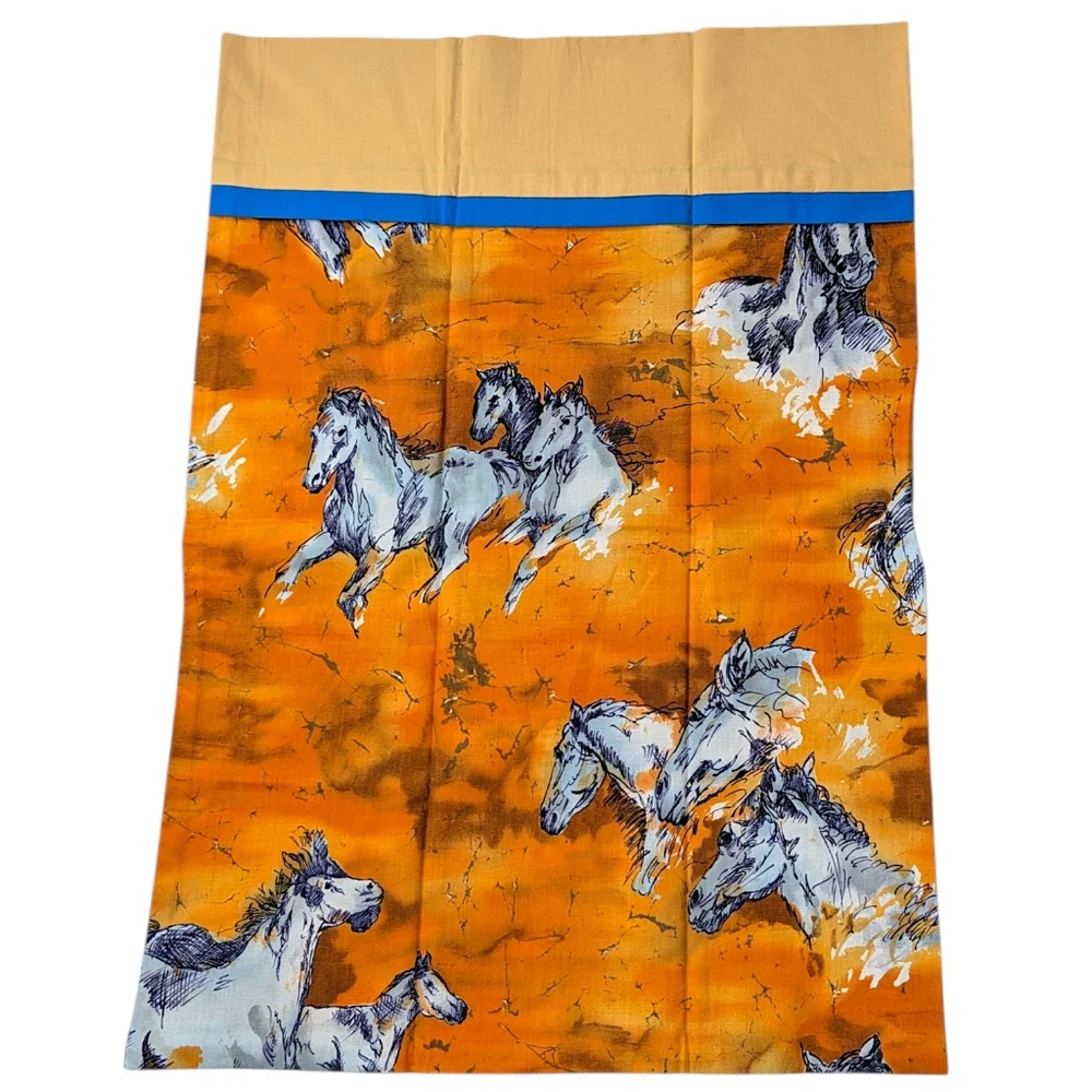 Handmade Vintage Horse Pillowcase Watercolor Print Standard Size Orange Blue